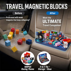 burgkidz Magnetic Blocks Travel Set: 100pcs N32 Magnets Hold 15Pcs Vertical 500+ Builds 60Min Play, Iron Case for Car/Airplane/Road Trip, Racing Gift for 3-8 Boys Set SC-100
