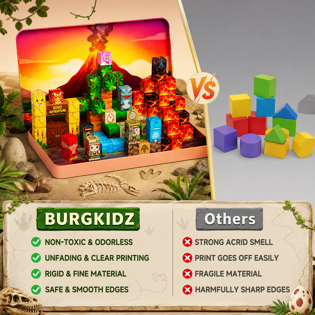 Click to see full view burgkidz Dinosaur Volcano Magnetic Blocks: 675g Portable Tin Case, N32 Strong Magnets, 4-Scene Storybook – Quiet STEM Travel Toy for Road Trip & Airplane, 100 PCS Building Set, Gift for Kids Ages 3-8 Set KL-100
