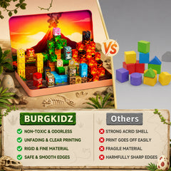 Click to see full view burgkidz Dinosaur Volcano Magnetic Blocks: 675g Portable Tin Case, N32 Strong Magnets, 4-Scene Storybook – Quiet STEM Travel Toy for Road Trip & Airplane, 100 PCS Building Set, Gift for Kids Ages 3-8 Set KL-100