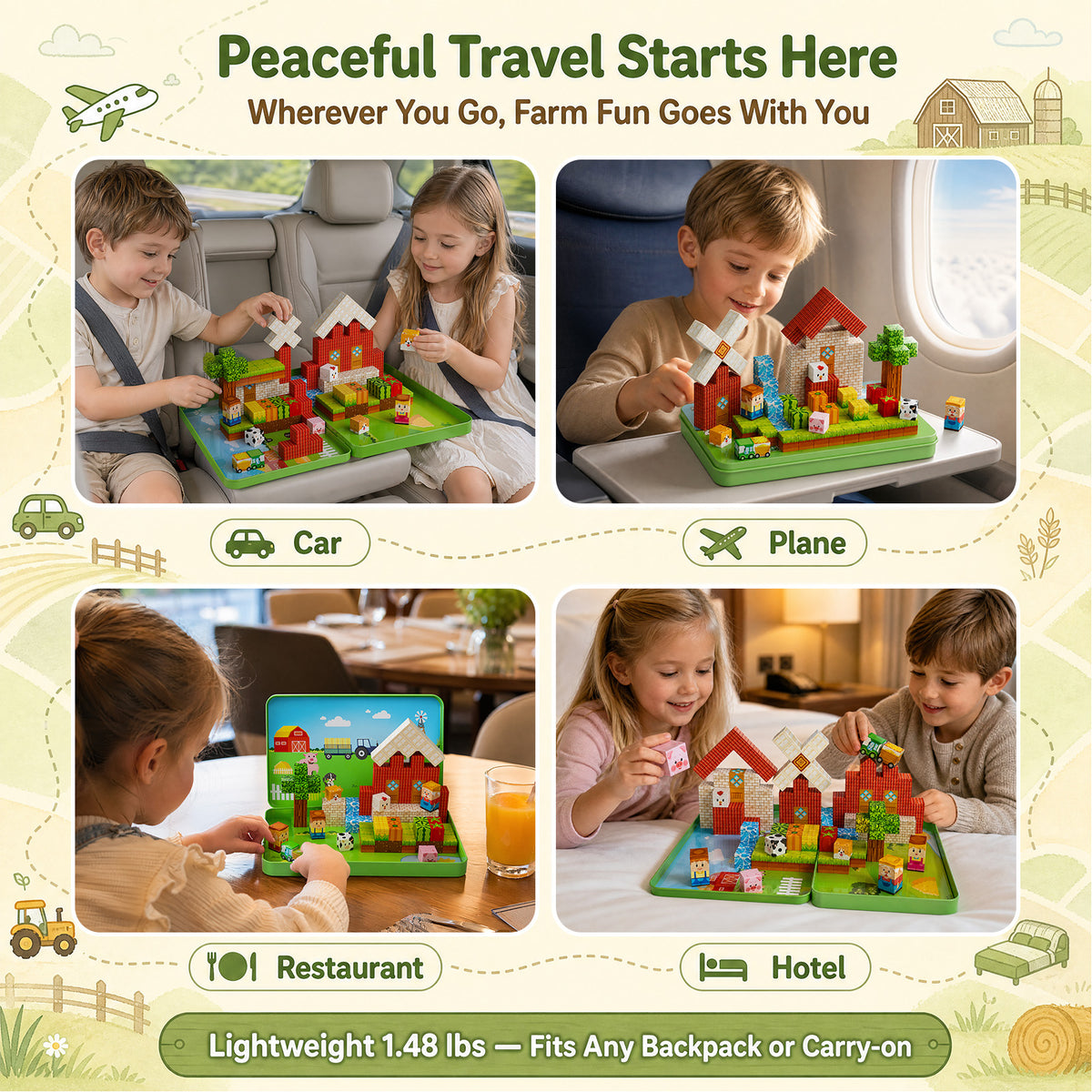 Magnetic Cubes Farm Travel for Kids: Hold 15 Blocks, 60s Storage | 100 PCS Animal Building Set, N32 Magnets & Portable Tin Case – Screen-Free Car, Plane & Road Trip Toy for 2 Toddlers Ages 3-8 Set NC-100