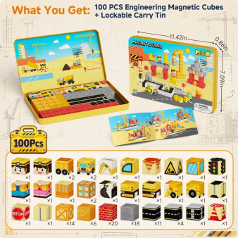 Magnetic Blocks Travel Kit: 100PCS Engineering Construction STEM Building Cubes with N32 Strong Magnets, Carry Tin Storage, Birthday Gifts for 3-8 Year Old Boys Set GC-100