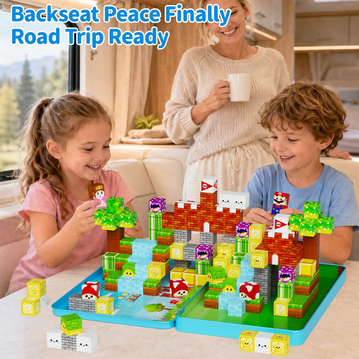 Magnetic Blocks for Kids Travel : 100PCS Portable Tin & Tiles - Adventure Theme Role Play 60-Min Focus - Car Airplane Activities Ages 3-8 Set M-100