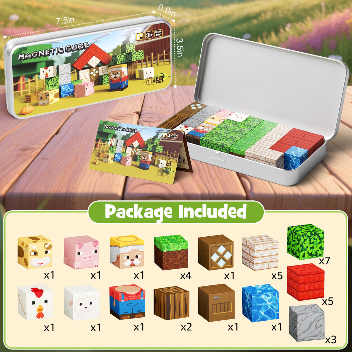 Mini Magnetic Blocks Farm Animals Travel Toys, 35PCS Portable STEM Magnetic Building Cubes with Metal Storage Box for Kids Ages 4-8, Road Trip & Airplane Essentials Set 4017