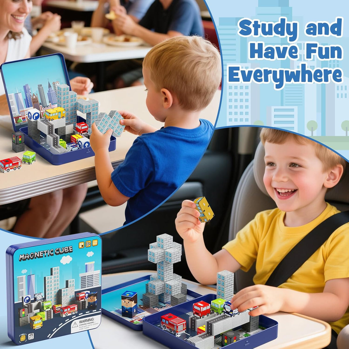 Magnetic Building Blocks City Traffic Set 49 pcs, Children STEM Toys Travel Learning Magnetic Blocks, Toddler Toys for Car & Plane, Birthday Chrimas Gift for Ages 3+ Year Kids Set CSJT-049