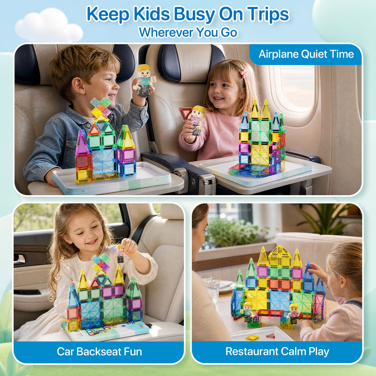 Magnetic Tiles Travel Set for Kids: 60pcs On-The-Go Holds 6-8 Layers Set S1140