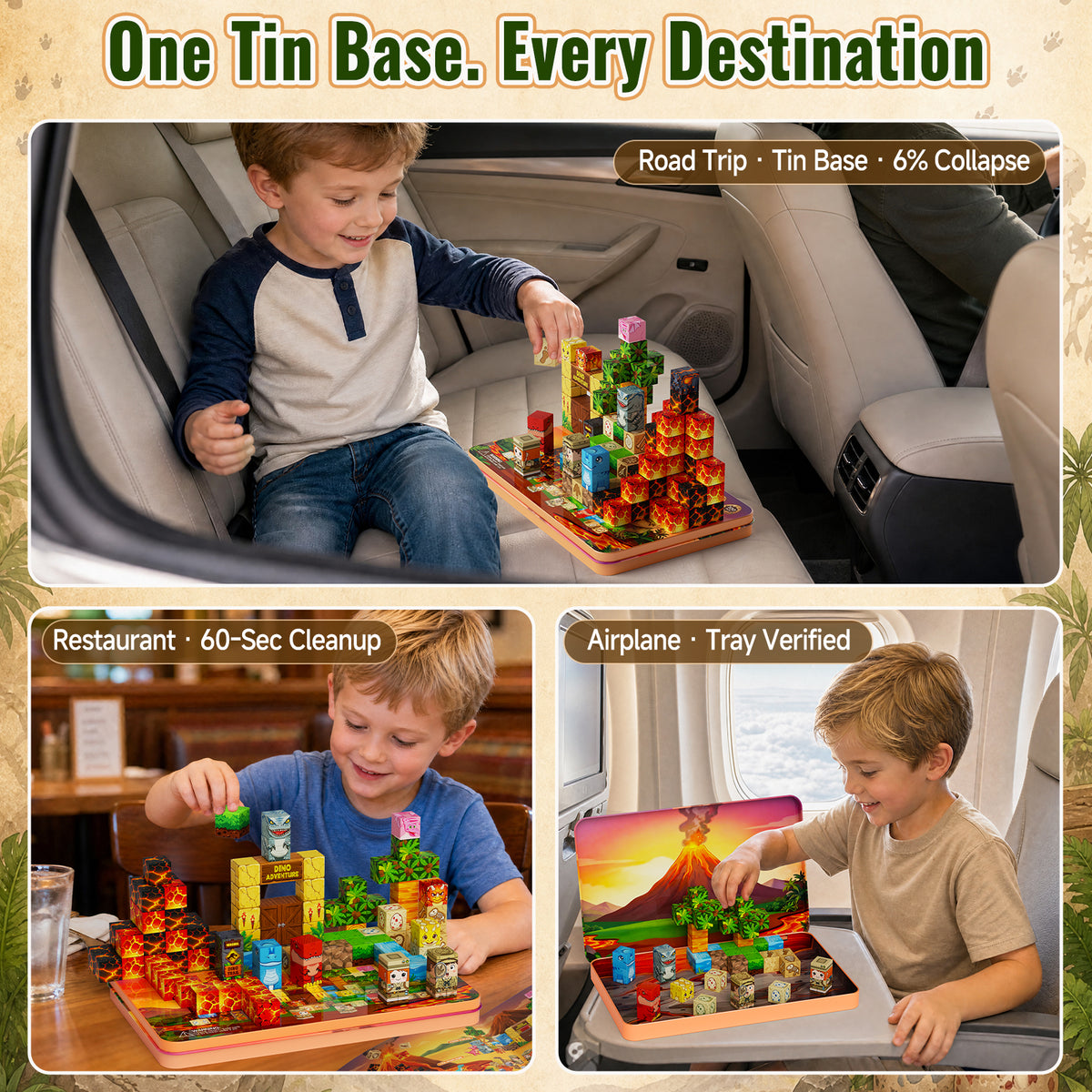Click to see full view burgkidz Dinosaur Volcano Magnetic Blocks: 675g Portable Tin Case, N32 Strong Magnets, 4-Scene Storybook – Quiet STEM Travel Toy for Road Trip & Airplane, 100 PCS Building Set, Gift for Kids Ages 3-8 Set KL-100