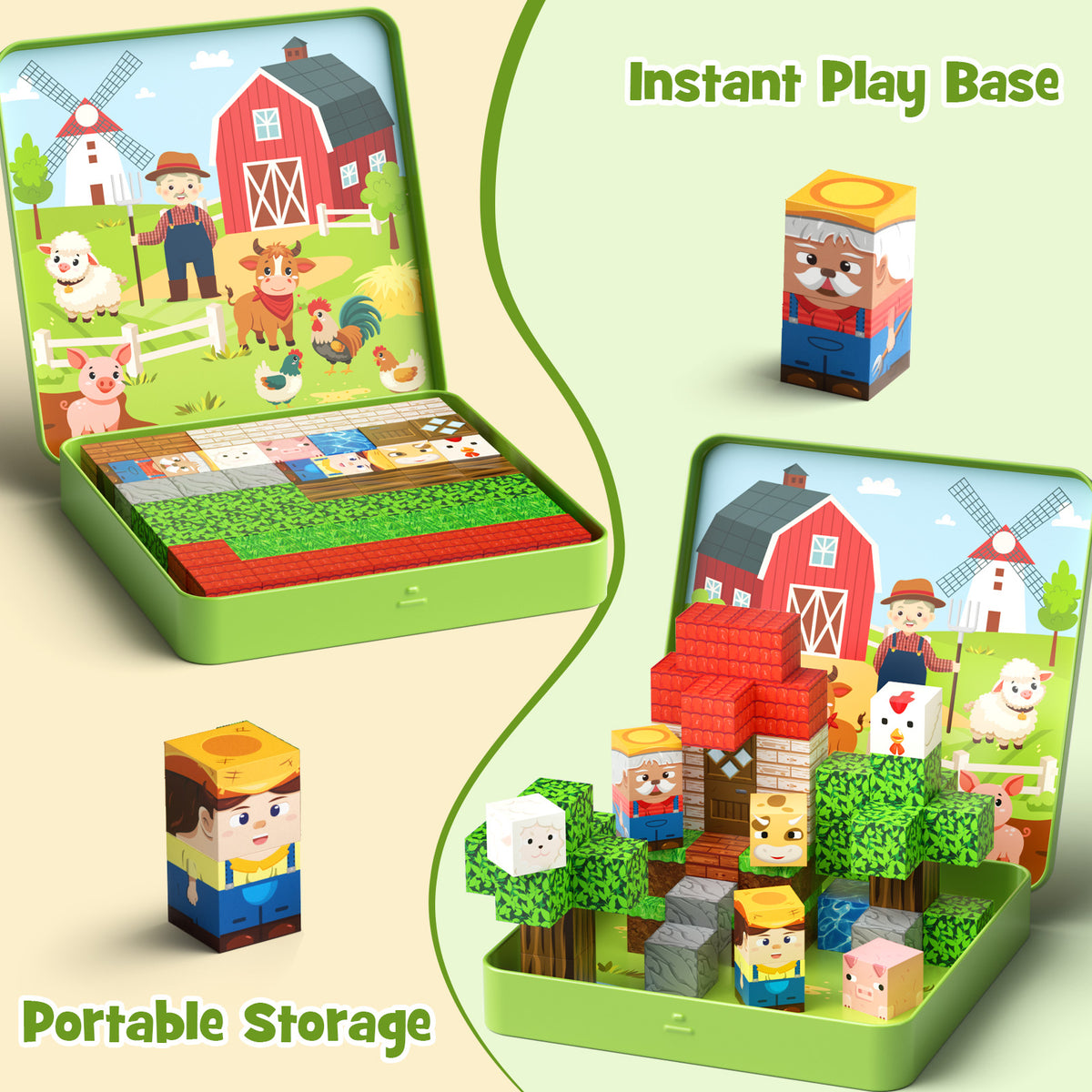 49 Pcs Farm Animals Magnetic Building Blocks Set for Toddlers 3-5, Travel Toys with Iron Storage Box, Magnetic Tiles & Cubes for Kids Ages 4-8, STEM Learning, Portable Play Base for Car Plane Trips Set NC-049