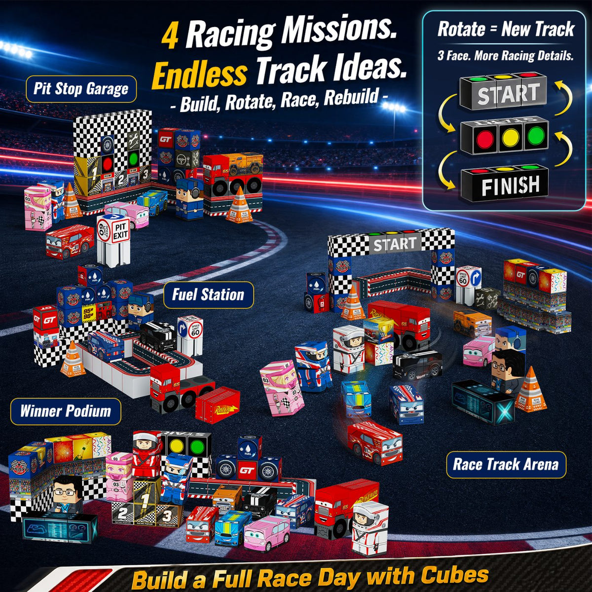 burgkidz Magnetic Blocks Boys Travel: 48PCS Racing Magnetic Building Blocks in 2-in-1 Travel Tin Case - N32 Magnets Stay Put on Bumpy Car Rides - Road Trip Toys for Boys 3-8