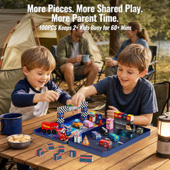 burgkidz Magnetic Blocks Travel Set: 100pcs N32 Magnets Hold 15Pcs Vertical 500+ Builds 60Min Play, Iron Case for Car/Airplane/Road Trip, Racing Gift for 3-8 Boys Set SC-100