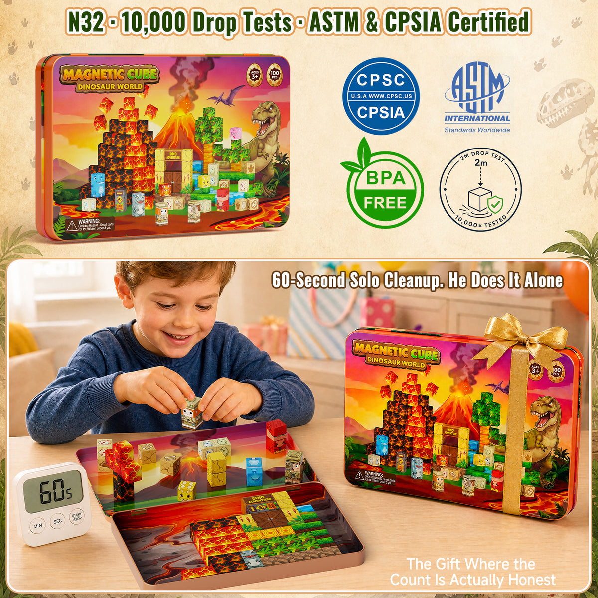 Click to see full view burgkidz Dinosaur Volcano Magnetic Blocks: 675g Portable Tin Case, N32 Strong Magnets, 4-Scene Storybook – Quiet STEM Travel Toy for Road Trip & Airplane, 100 PCS Building Set, Gift for Kids Ages 3-8 Set KL-100