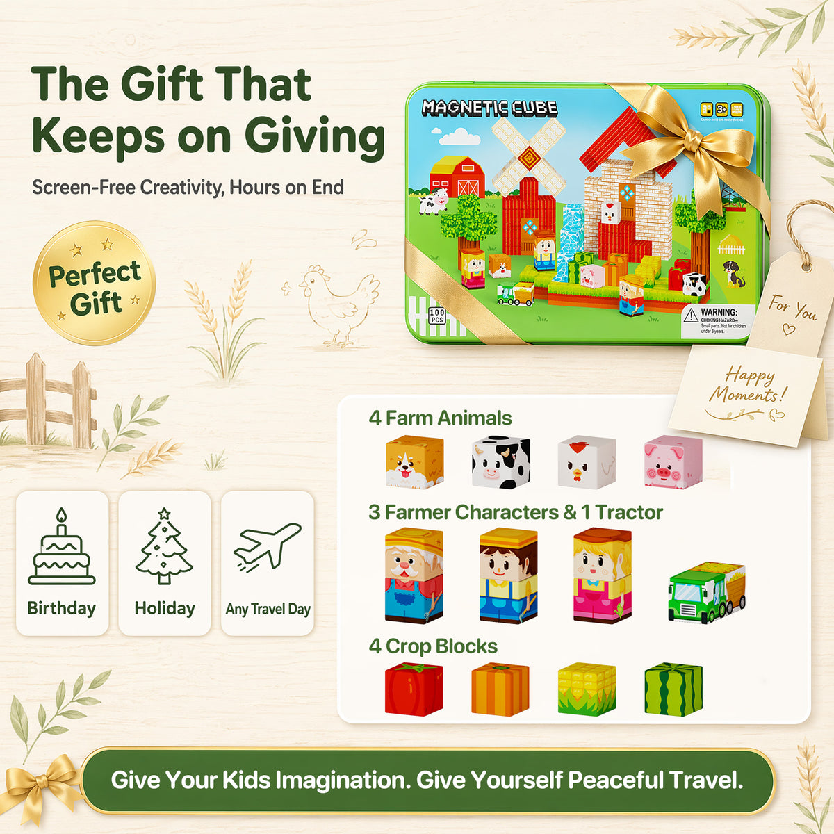 Magnetic Cubes Farm Travel for Kids: Hold 15 Blocks, 60s Storage | 100 PCS Animal Building Set, N32 Magnets & Portable Tin Case – Screen-Free Car, Plane & Road Trip Toy for 2 Toddlers Ages 3-8 Set NC-100