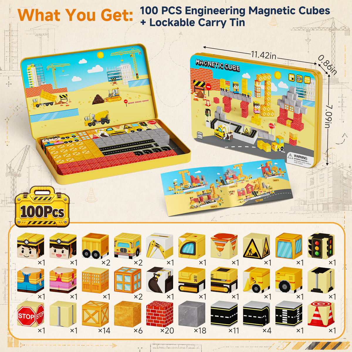 100PCS Engineering Construction Magnetic Blocks Travel Kit GC-100