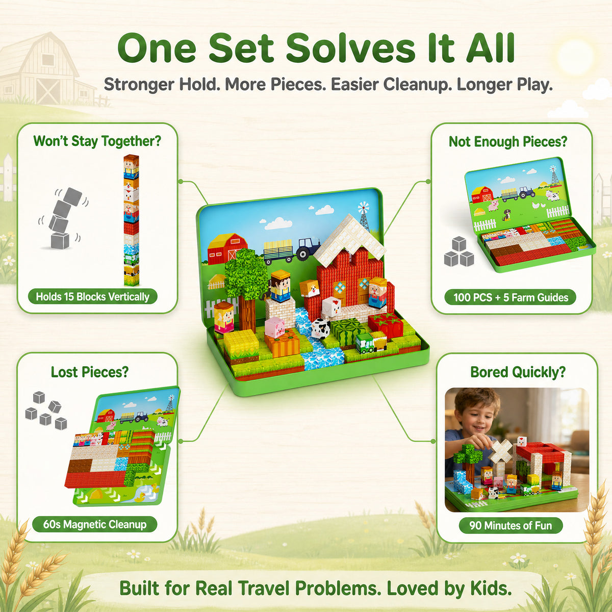 Magnetic Cubes Farm Travel for Kids: Hold 15 Blocks, 60s Storage | 100 PCS Animal Building Set, N32 Magnets & Portable Tin Case – Screen-Free Car, Plane & Road Trip Toy for 2 Toddlers Ages 3-8 Set NC-100