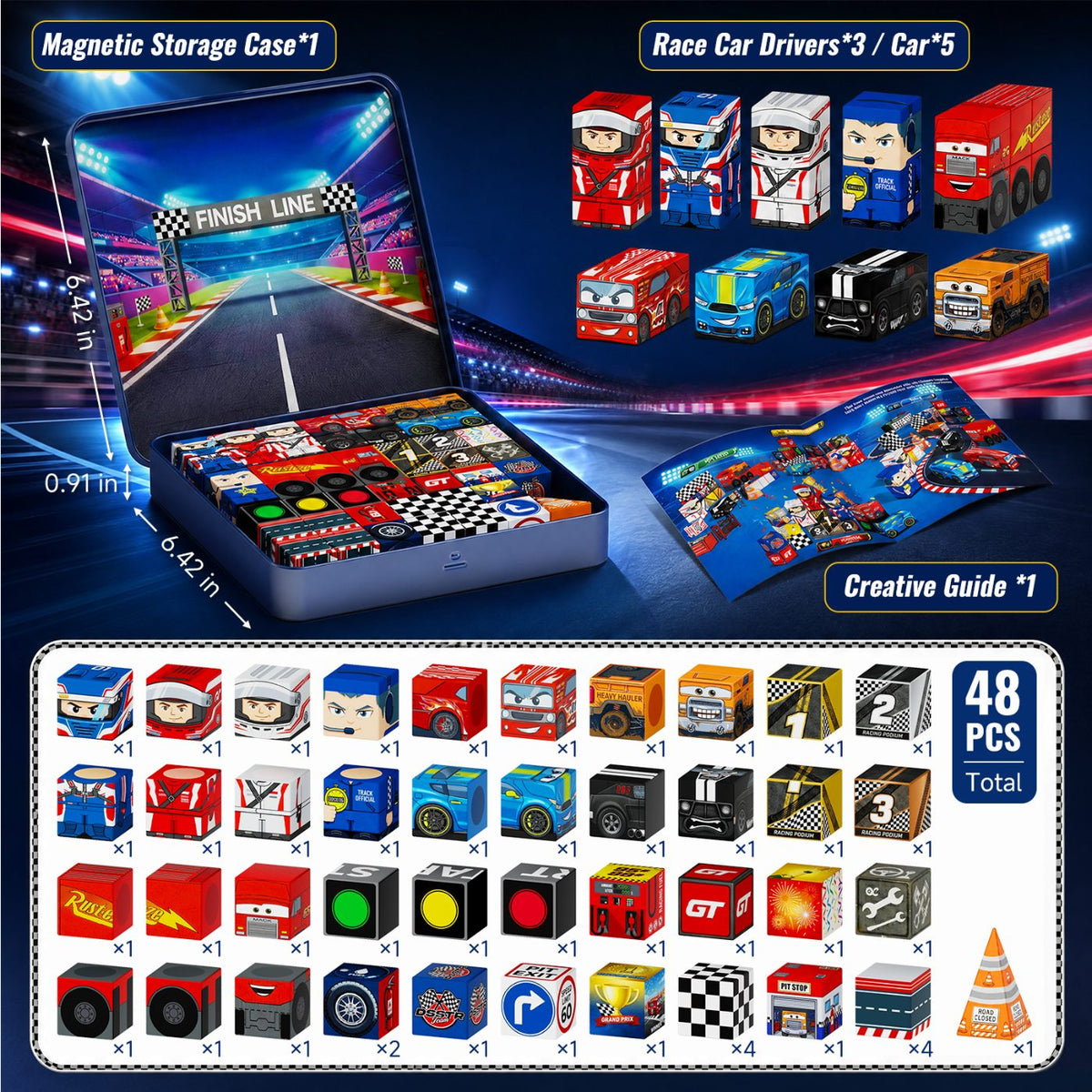 burgkidz Magnetic Blocks Boys Travel: 48PCS Racing Magnetic Building Blocks in 2-in-1 Travel Tin Case - N32 Magnets Stay Put on Bumpy Car Rides - Road Trip Toys for Boys 3-8