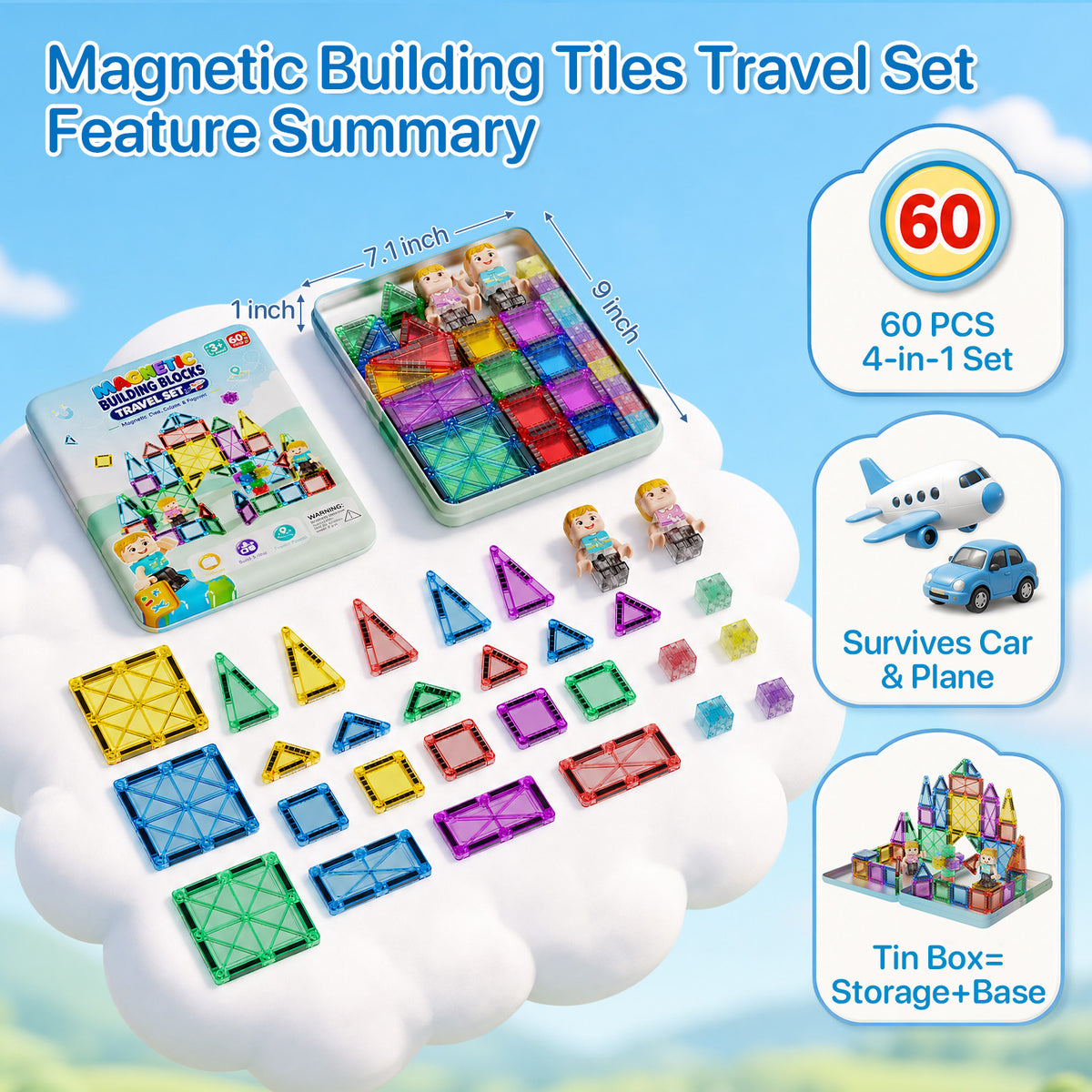 Magnetic Tiles Travel Set for Kids: 60pcs On-The-Go Holds 6-8 Layers Set S1140