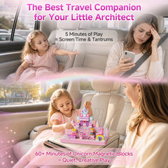 Click to see full view Unicorn Magnetic Cubes for Travel: 100 PCS Castle Princess Playset with Tin Storage Case - Strong Building Toy Blocks for Girls Toddlers Ages 3-8 - Car Airplane Activity Game Set DJS-100