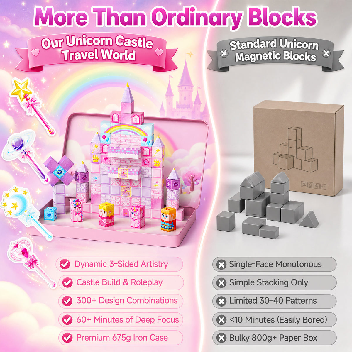 Click to see full view Unicorn Magnetic Cubes for Travel: 100 PCS Castle Princess Playset with Tin Storage Case - Strong Building Toy Blocks for Girls Toddlers Ages 3-8 - Car Airplane Activity Game Set DJS-100