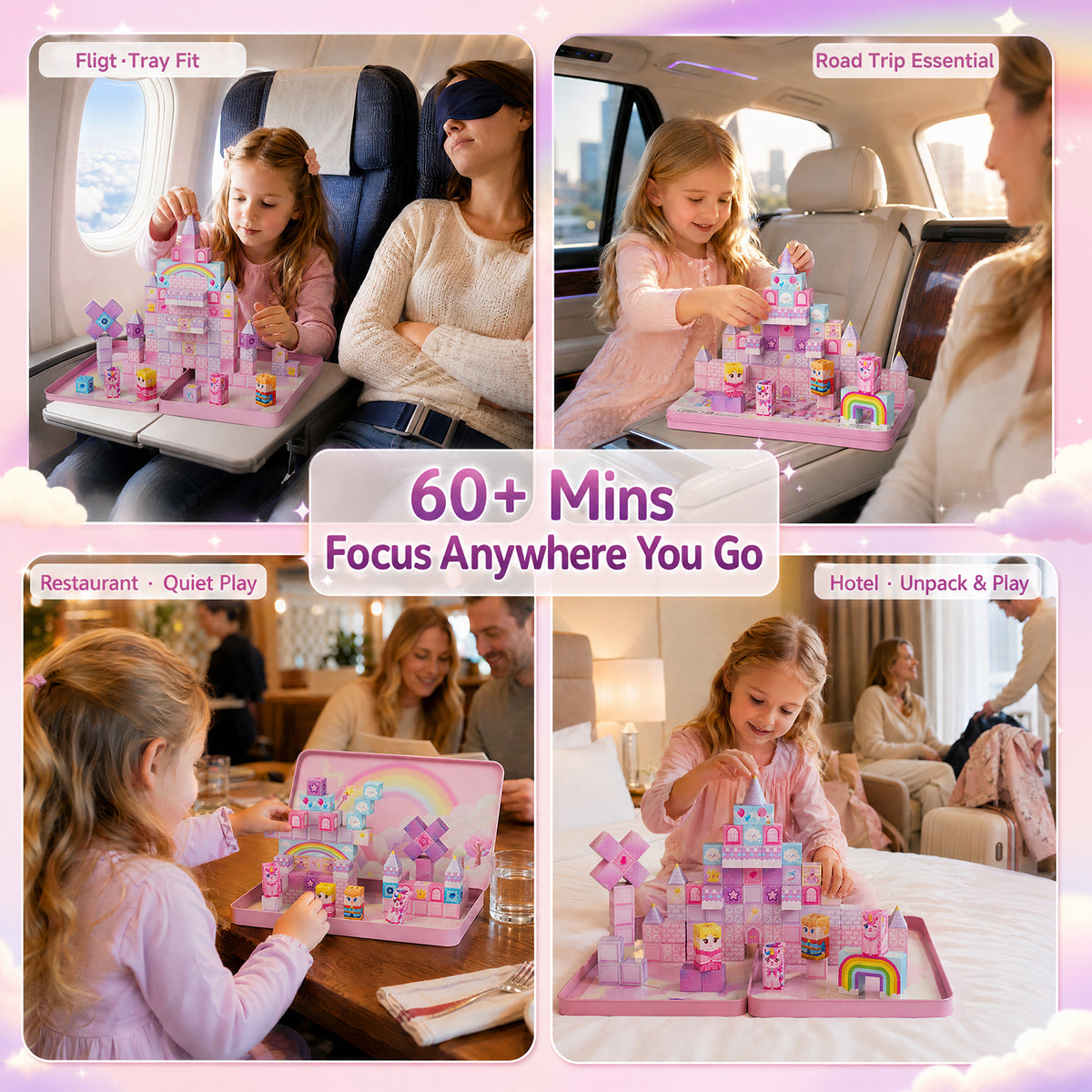 Click to see full view Unicorn Magnetic Cubes for Travel: 100 PCS Castle Princess Playset with Tin Storage Case - Strong Building Toy Blocks for Girls Toddlers Ages 3-8 - Car Airplane Activity Game Set DJS-100