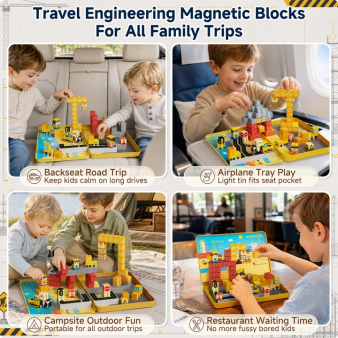 Magnetic Blocks Travel Kit: 100PCS Engineering Construction STEM Building Cubes with N32 Strong Magnets, Carry Tin Storage, Birthday Gifts for 3-8 Year Old Boys Set GC-100