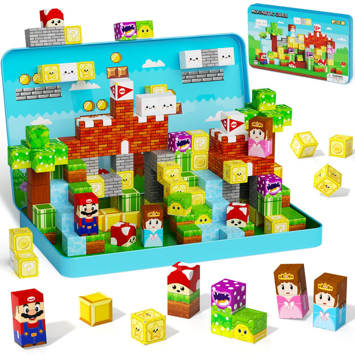 Magnetic Blocks for Kids Travel : 100PCS Portable Tin & Tiles - Adventure Theme Role Play 60-Min Focus - Car Airplane Activities Ages 3-8 Set M-100