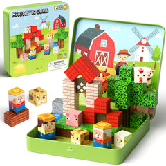 49 Pcs Farm Animals Magnetic Building Blocks Set for Toddlers 3-5, Travel Toys with Iron Storage Box, Magnetic Tiles & Cubes for Kids Ages 4-8, STEM Learning, Portable Play Base for Car Plane Trips Set NC-049