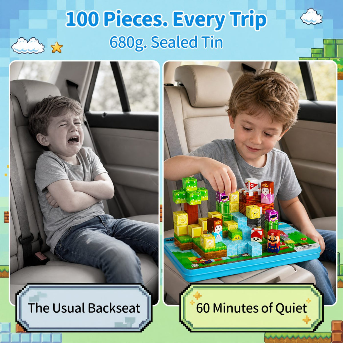 Magnetic Blocks for Kids Travel : 100PCS Portable Tin & Tiles - Adventure Theme Role Play 60-Min Focus - Car Airplane Activities Ages 3-8 Set M-100