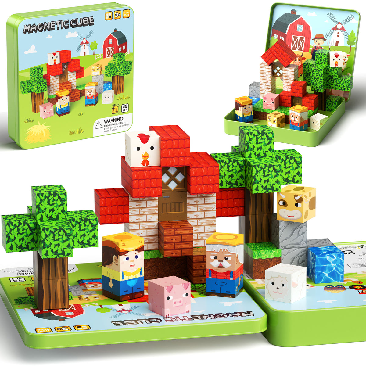 49 Pcs Farm Animals Magnetic Building Blocks Set for Toddlers 3-5, Travel Toys with Iron Storage Box, Magnetic Tiles & Cubes for Kids Ages 4-8, STEM Learning, Portable Play Base for Car Plane Trips Set NC-049