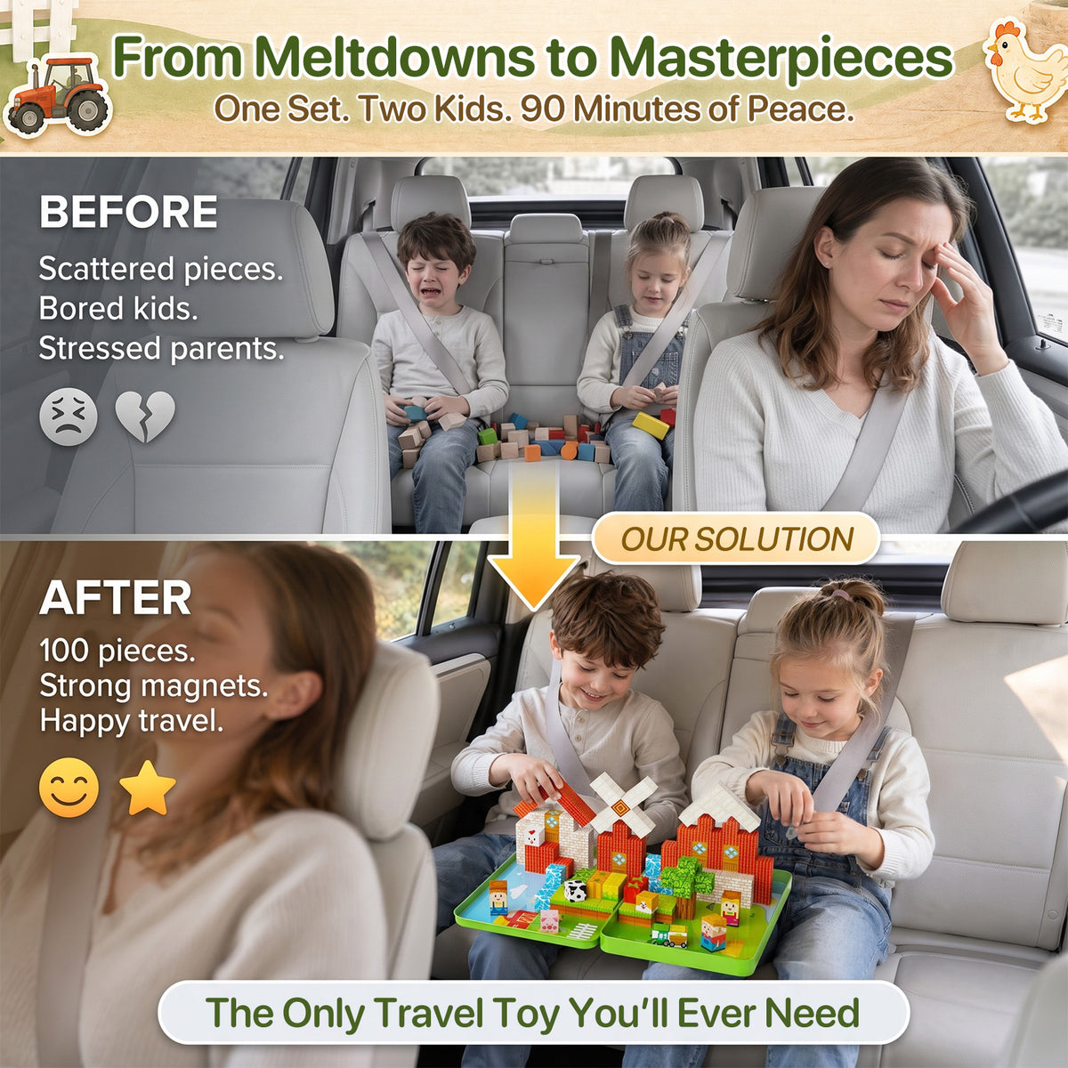 Magnetic Cubes Farm Travel for Kids: Hold 15 Blocks, 60s Storage | 100 PCS Animal Building Set, N32 Magnets & Portable Tin Case – Screen-Free Car, Plane & Road Trip Toy for 2 Toddlers Ages 3-8 Set NC-100