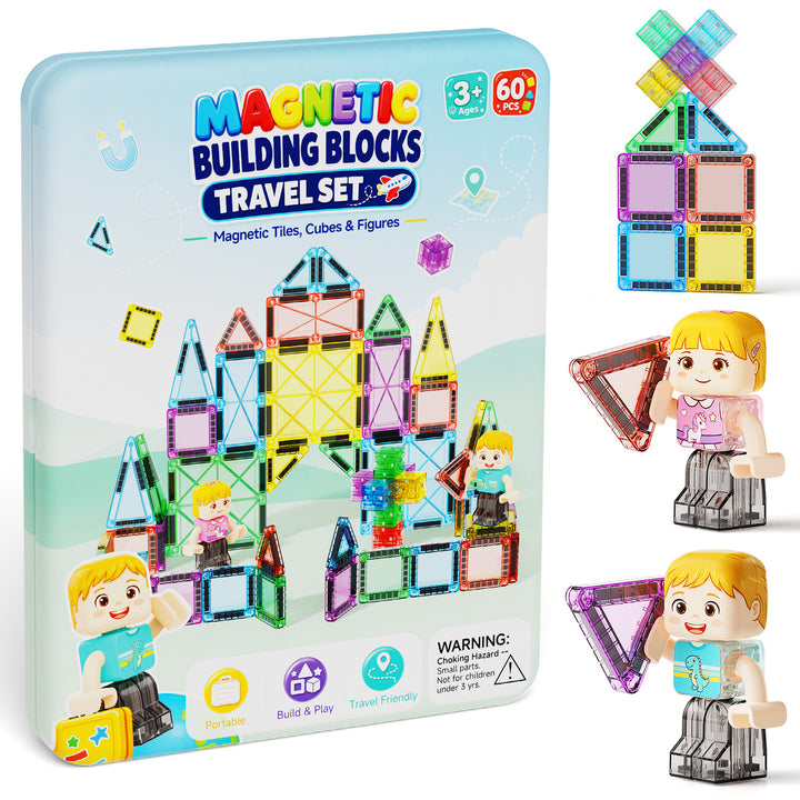 Magnetic Tiles Travel Set for Kids: 60pcs On-The-Go Holds 6-8 Layers Set S1140