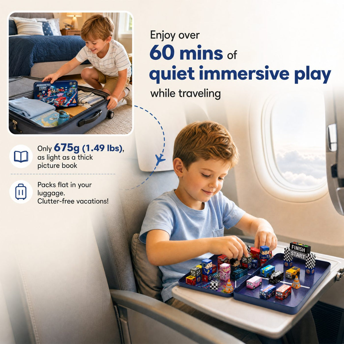 burgkidz Magnetic Blocks Travel Set: 100pcs N32 Magnets Hold 15Pcs Vertical 500+ Builds 60Min Play, Iron Case for Car/Airplane/Road Trip, Racing Gift for 3-8 Boys Set SC-100