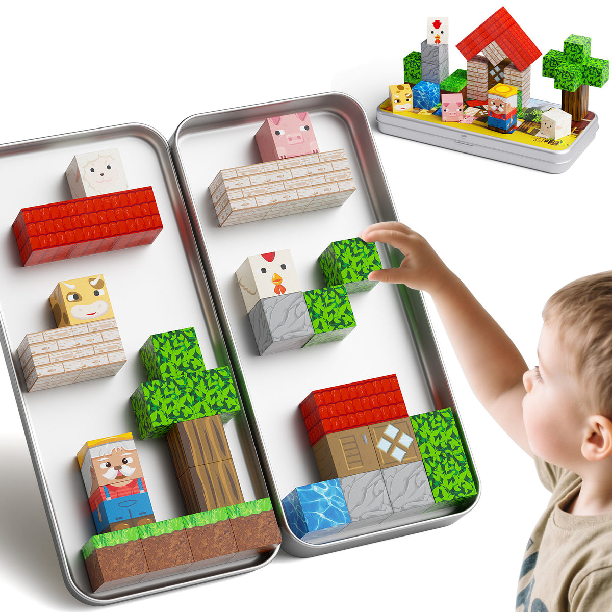 Mini Magnetic Blocks Farm Animals Travel Toys, 35PCS Portable STEM Magnetic Building Cubes with Metal Storage Box for Kids Ages 4-8, Road Trip & Airplane Essentials Set 4017