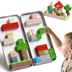 Mini Magnetic Blocks Farm Animals Travel Toys, 35PCS Portable STEM Magnetic Building Cubes with Metal Storage Box for Kids Ages 4-8, Road Trip & Airplane Essentials Set 4017