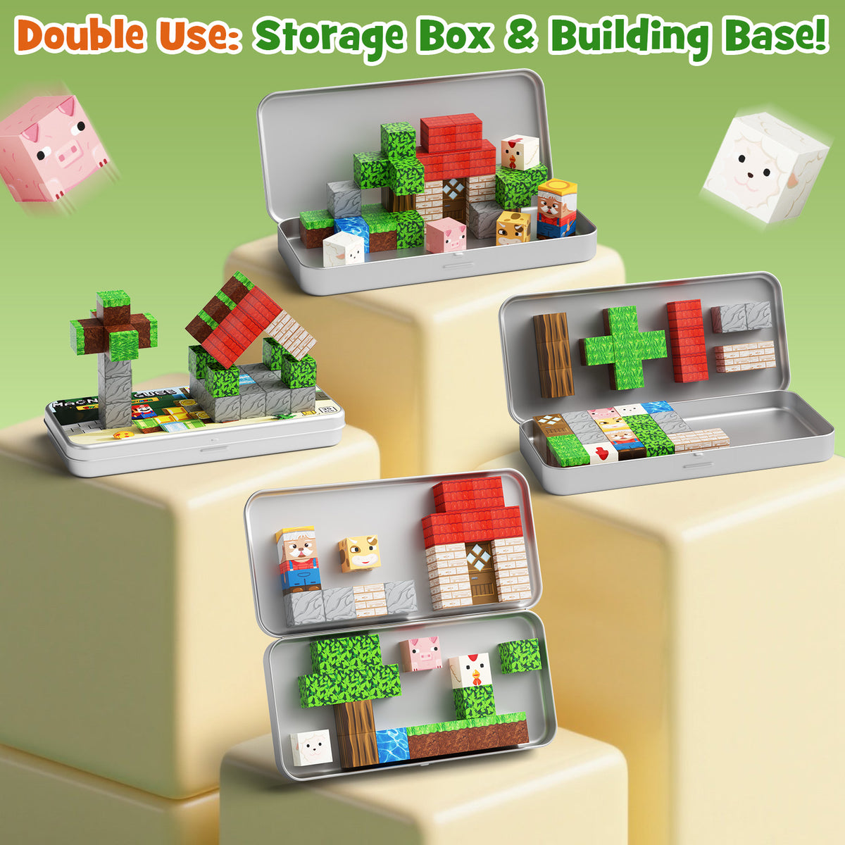 Mini Magnetic Blocks Farm Animals Travel Toys, 35PCS Portable STEM Magnetic Building Cubes with Metal Storage Box for Kids Ages 4-8, Road Trip & Airplane Essentials Set 4017