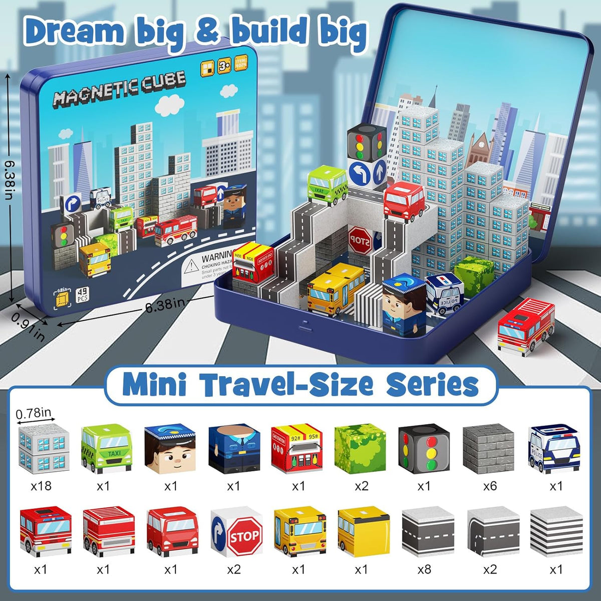 Magnetic Building Blocks City Traffic Set 49 pcs, Children STEM Toys Travel Learning Magnetic Blocks, Toddler Toys for Car & Plane, Birthday Chrimas Gift for Ages 3+ Year Kids Set CSJT-049