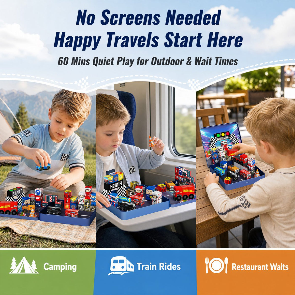 burgkidz Magnetic Blocks Boys Travel: 48PCS Racing Magnetic Building Blocks in 2-in-1 Travel Tin Case - N32 Magnets Stay Put on Bumpy Car Rides - Road Trip Toys for Boys 3-8