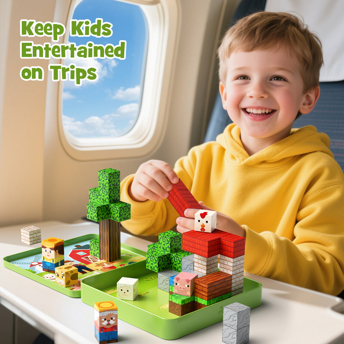 49 Pcs Farm Animals Magnetic Building Blocks Set for Toddlers 3-5, Travel Toys with Iron Storage Box, Magnetic Tiles & Cubes for Kids Ages 4-8, STEM Learning, Portable Play Base for Car Plane Trips Set NC-049