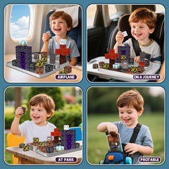 Magnetic Building Blocks Travel Toys, Age 3+ STEM Toy with Portable Tin Compatible with Magnetic Tiles, Ideal for Open Boy Ages 4-8 Holiday Birthday Easter Gifts Set 4018
