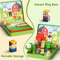 49 Pcs Farm Animals Magnetic Building Blocks Set for Toddlers 3-5, Travel Toys with Iron Storage Box, Magnetic Tiles & Cubes for Kids Ages 4-8, STEM Learning, Portable Play Base for Car Plane Trips Set NC-049