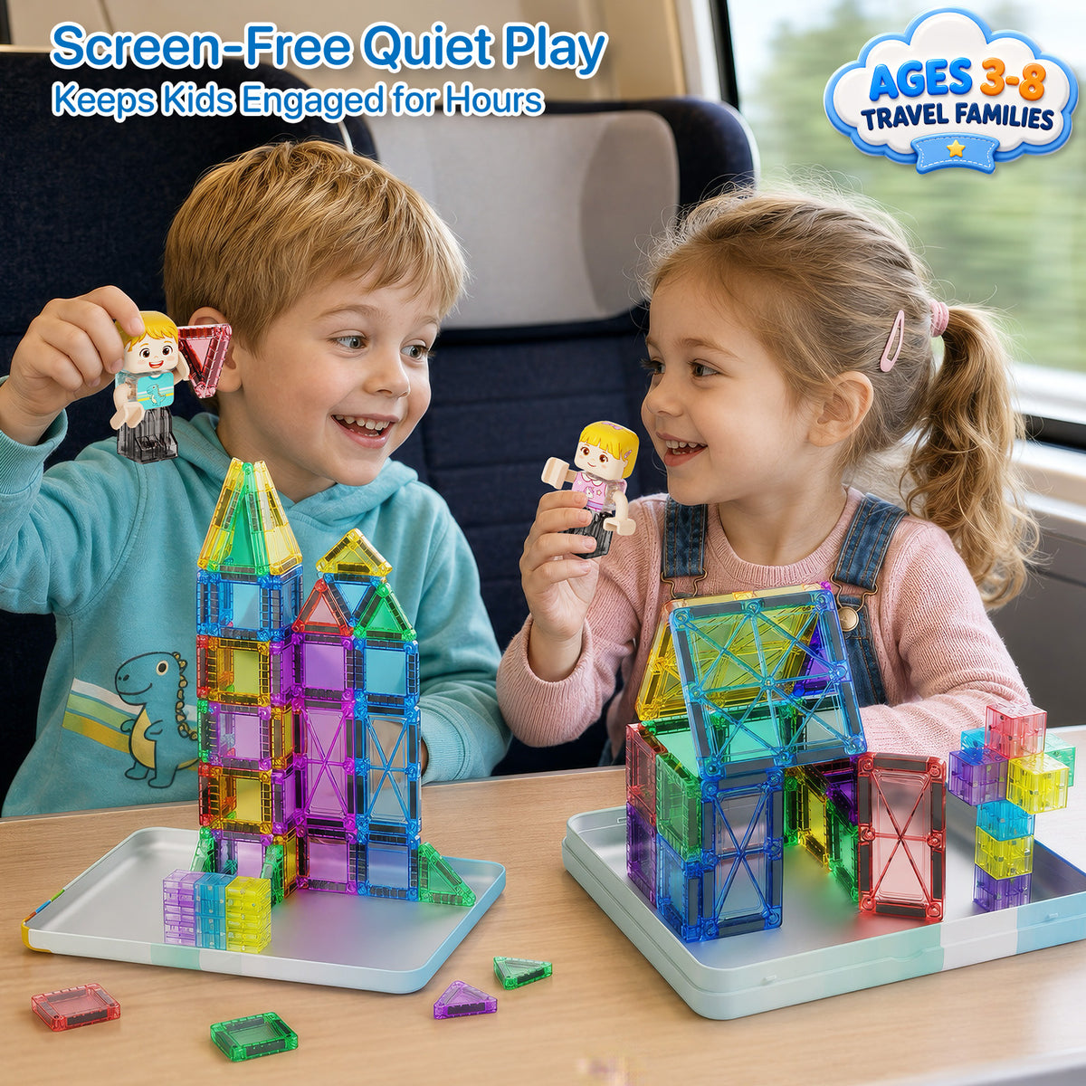 Magnetic Tiles Travel Set for Kids: 60pcs On-The-Go Holds 6-8 Layers Set S1140