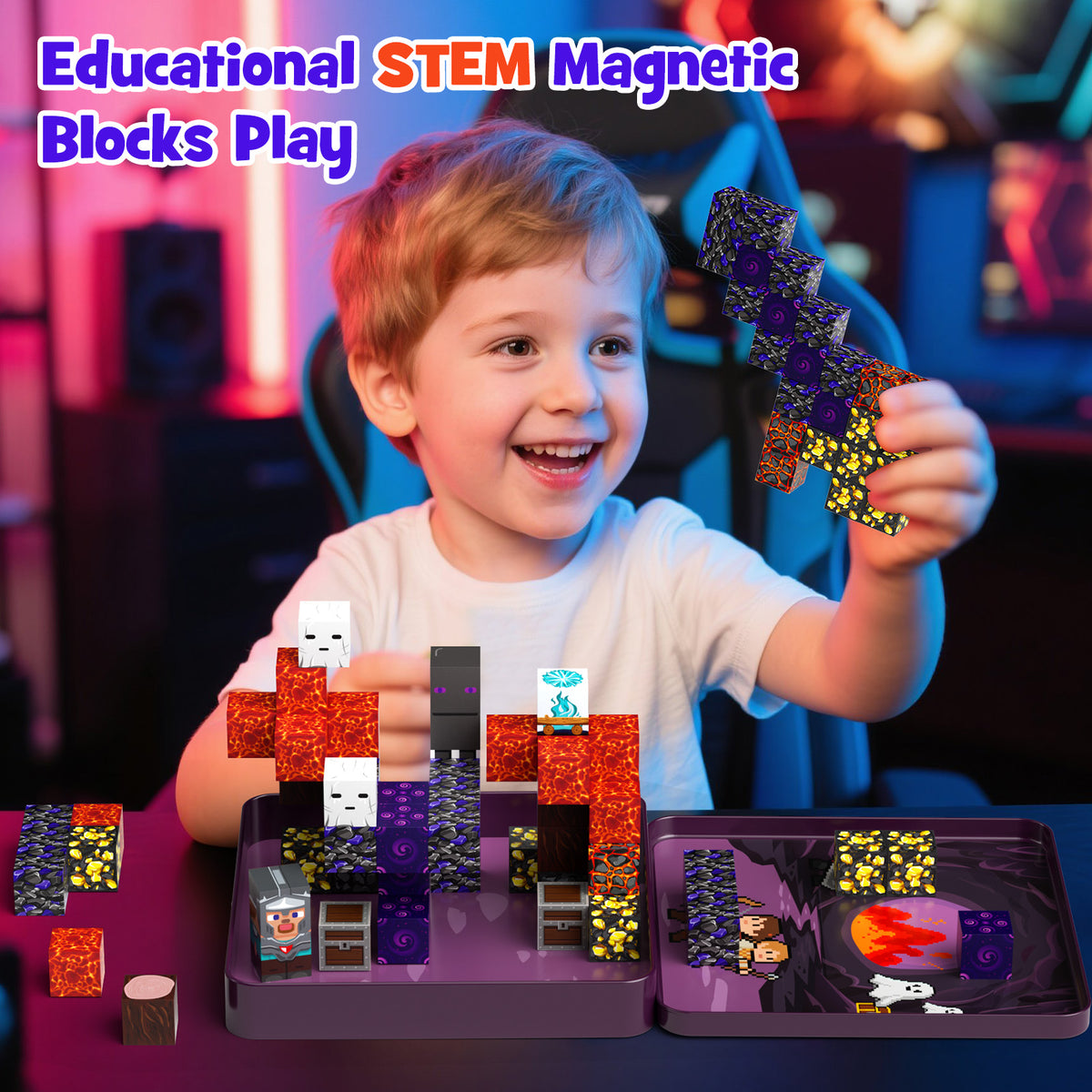 Click to see full view WMXDU Mini Magnetic Blocks, Magnetic Cubes Game with Iron Box 49 PCS Magnet Tiles Building Blocks Toddler Toy STEM Sensory Outdoor Creative Kids Travel Toys for 3+ Year Old Set 4023