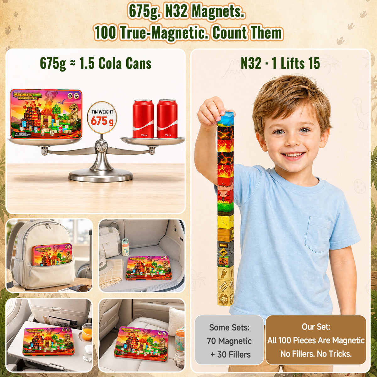 Click to see full view burgkidz Dinosaur Volcano Magnetic Blocks: 675g Portable Tin Case, N32 Strong Magnets, 4-Scene Storybook – Quiet STEM Travel Toy for Road Trip & Airplane, 100 PCS Building Set, Gift for Kids Ages 3-8 Set KL-100