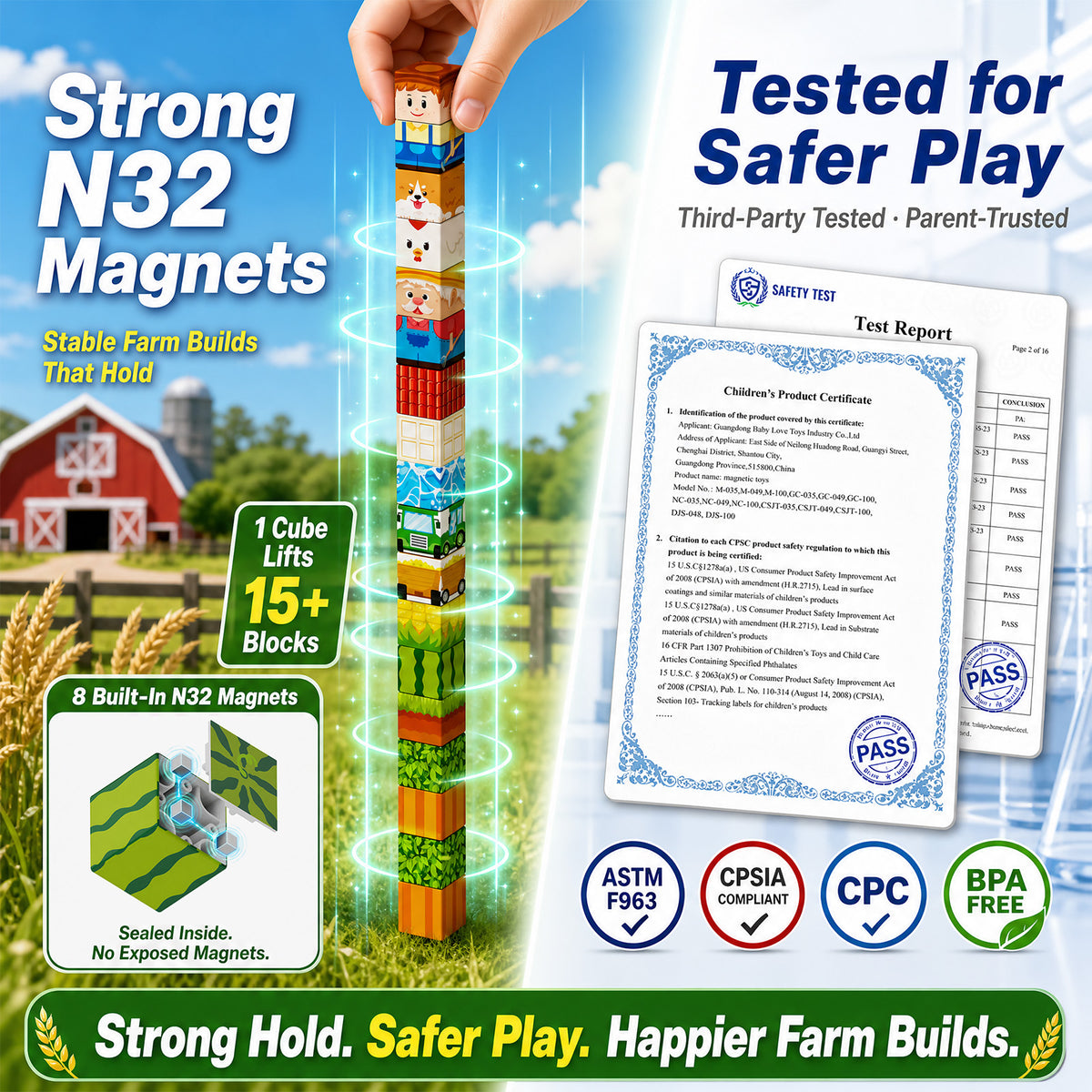 Magnetic Cubes Farm Travel for Kids: Hold 15 Blocks, 60s Storage | 100 PCS Animal Building Set, N32 Magnets & Portable Tin Case – Screen-Free Car, Plane & Road Trip Toy for 2 Toddlers Ages 3-8 Set NC-100