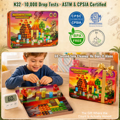 Click to see full view burgkidz Dinosaur Volcano Magnetic Blocks: 675g Portable Tin Case, N32 Strong Magnets, 4-Scene Storybook – Quiet STEM Travel Toy for Road Trip & Airplane, 100 PCS Building Set, Gift for Kids Ages 3-8 Set KL-100