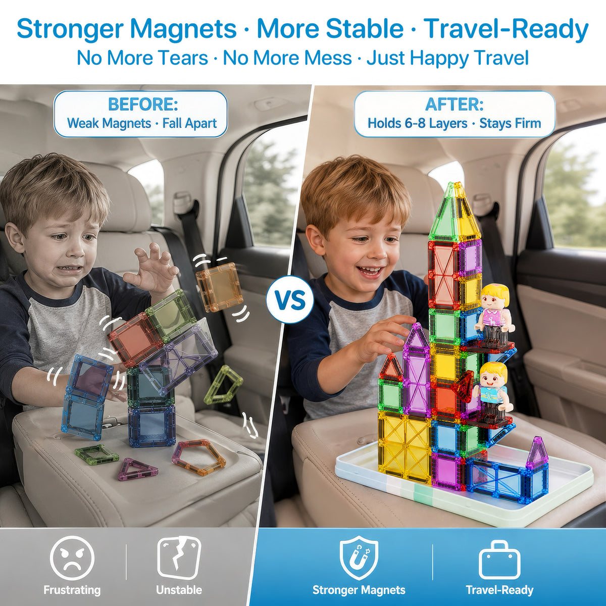 Magnetic Tiles Travel Set for Kids: 60pcs On-The-Go Holds 6-8 Layers Set S1140