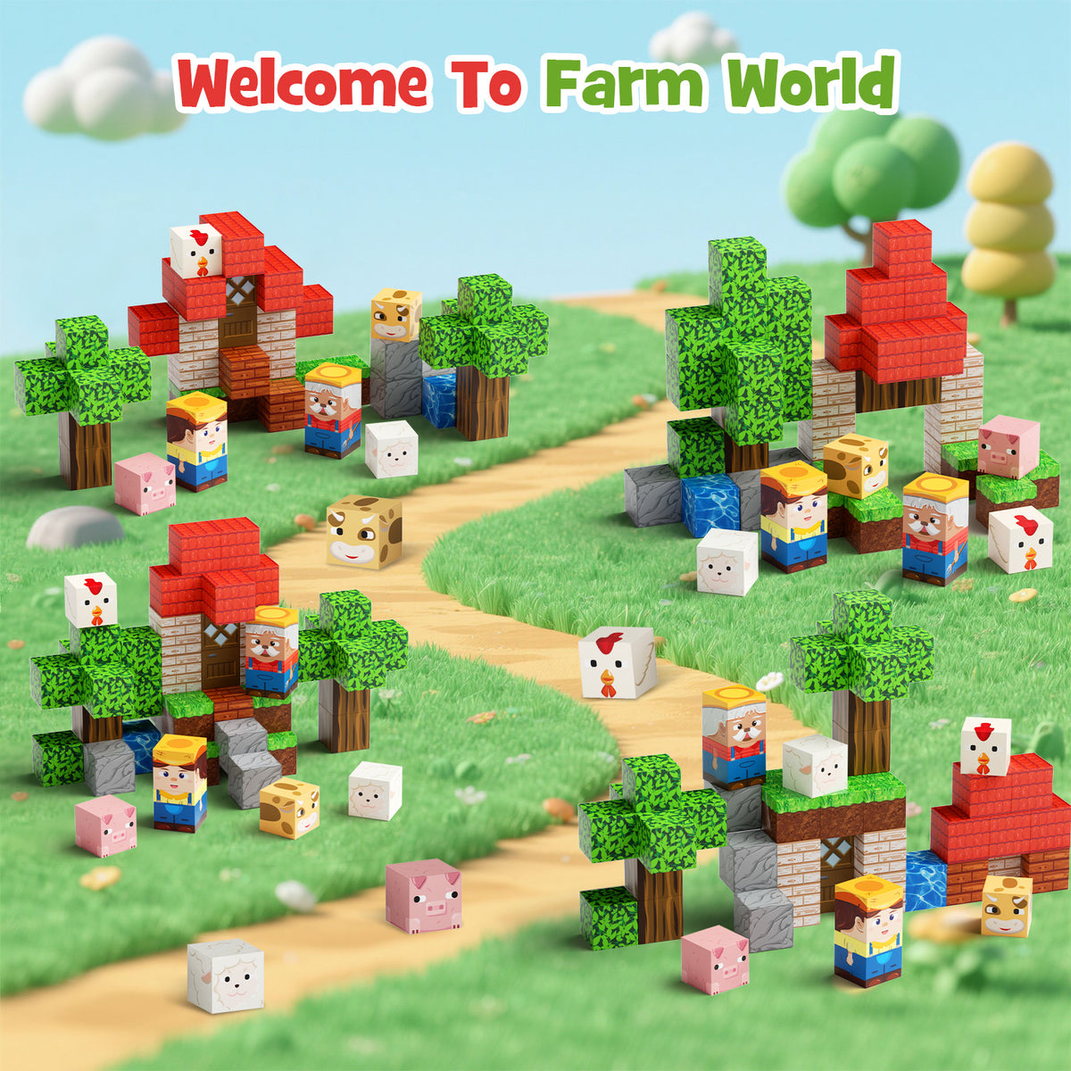 49 Pcs Farm Animals Magnetic Building Blocks Set for Toddlers 3-5, Travel Toys with Iron Storage Box, Magnetic Tiles & Cubes for Kids Ages 4-8, STEM Learning, Portable Play Base for Car Plane Trips Set NC-049