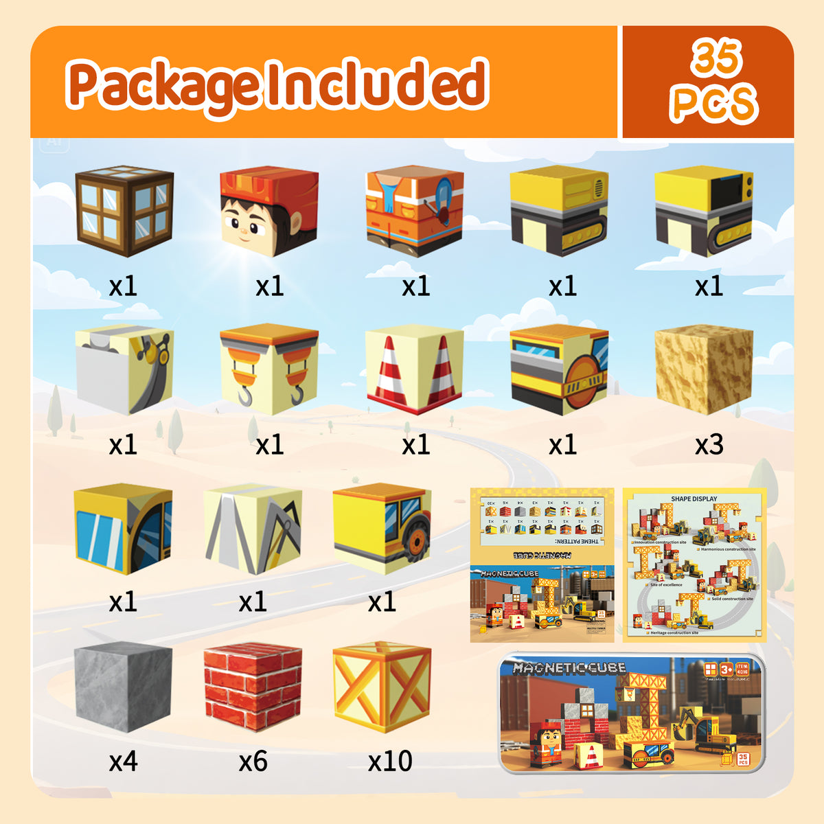 WMXDU Magnetic Blocks with Magnet Box-35PCS Magnet Cubes, Magnetic Tiles Kids Build Cubes Travel Game Toys, Road Trip ‌Sensory Toy Christmas Birthday Gifts for Boys & Girls Ages 3 Set 4016