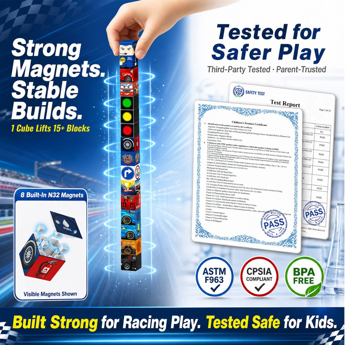 burgkidz Magnetic Blocks Boys Travel: 48PCS Racing Magnetic Building Blocks in 2-in-1 Travel Tin Case - N32 Magnets Stay Put on Bumpy Car Rides - Road Trip Toys for Boys 3-8
