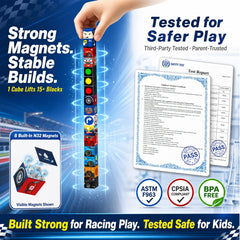 burgkidz Magnetic Blocks Boys Travel: 48PCS Racing Magnetic Building Blocks in 2-in-1 Travel Tin Case - N32 Magnets Stay Put on Bumpy Car Rides - Road Trip Toys for Boys 3-8