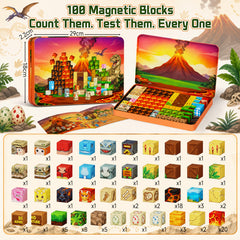 Click to see full view burgkidz Dinosaur Volcano Magnetic Blocks: 675g Portable Tin Case, N32 Strong Magnets, 4-Scene Storybook – Quiet STEM Travel Toy for Road Trip & Airplane, 100 PCS Building Set, Gift for Kids Ages 3-8 Set KL-100