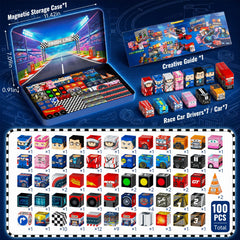 burgkidz Magnetic Blocks Travel Set: 100pcs N32 Magnets Hold 15Pcs Vertical 500+ Builds 60Min Play, Iron Case for Car/Airplane/Road Trip, Racing Gift for 3-8 Boys Set SC-100